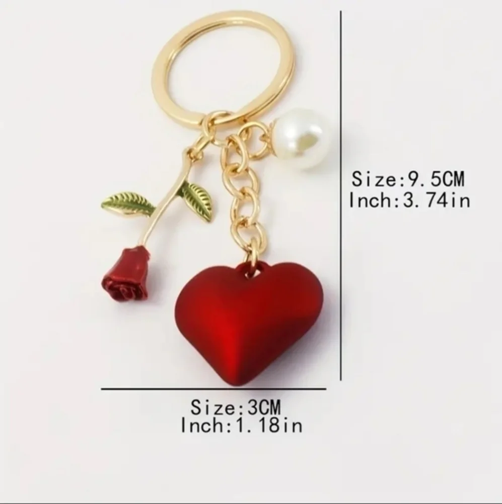 Heart Pendant with Rose and Stem and Pearl Keychain Red, Gold‎ NWT